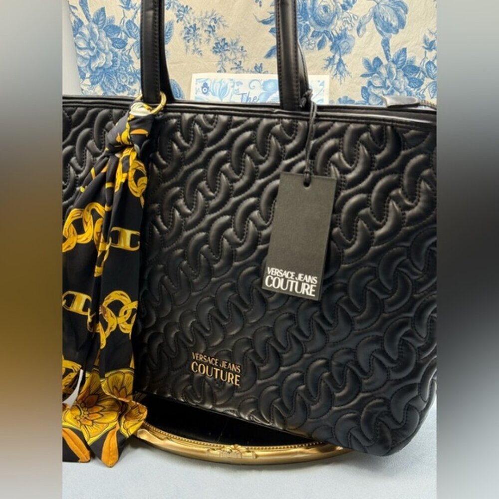 🆕 VERSACE JEANS COUTURE 🧿 NWT Black Thelma Tote Shopper + Scarf - Picture 4 of 16